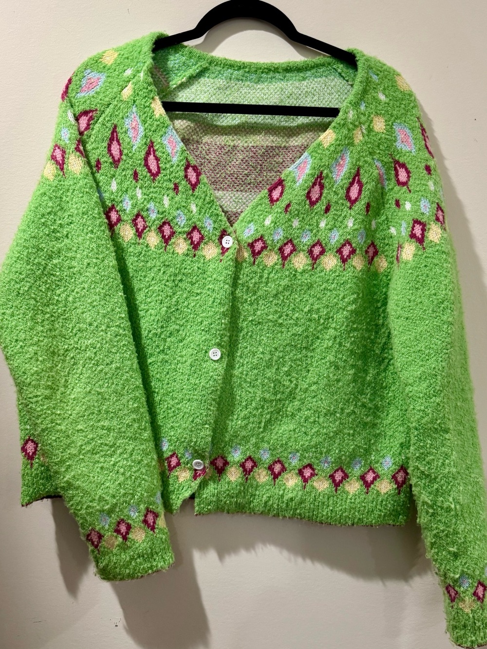 Green Patterned V-Neck Women's Cardigan Sweater